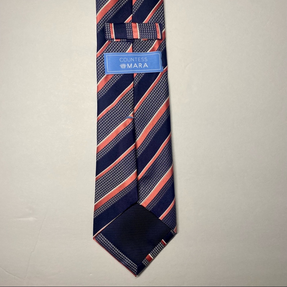 Countess Mara Blue & Salmon Silk Classic Striped Tie 3.75” x 60” - Picture 3 of 5